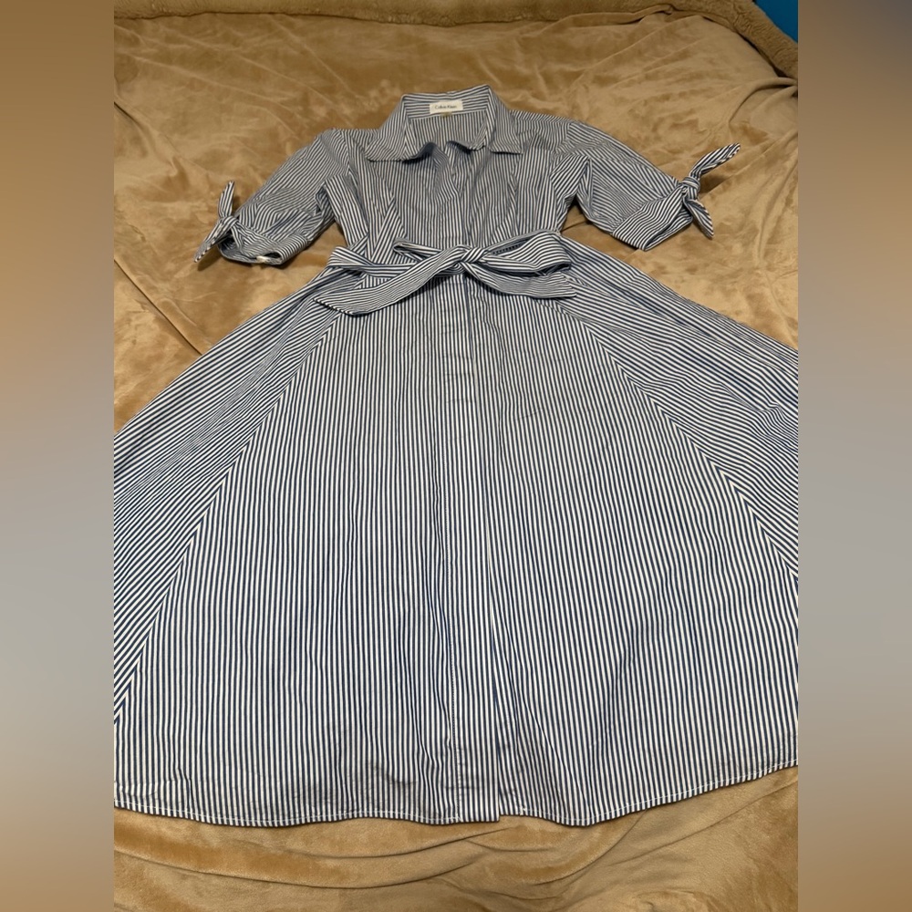 Calvin Klein Blue and White Striped Cotton Shirtdress Women’s Size 6